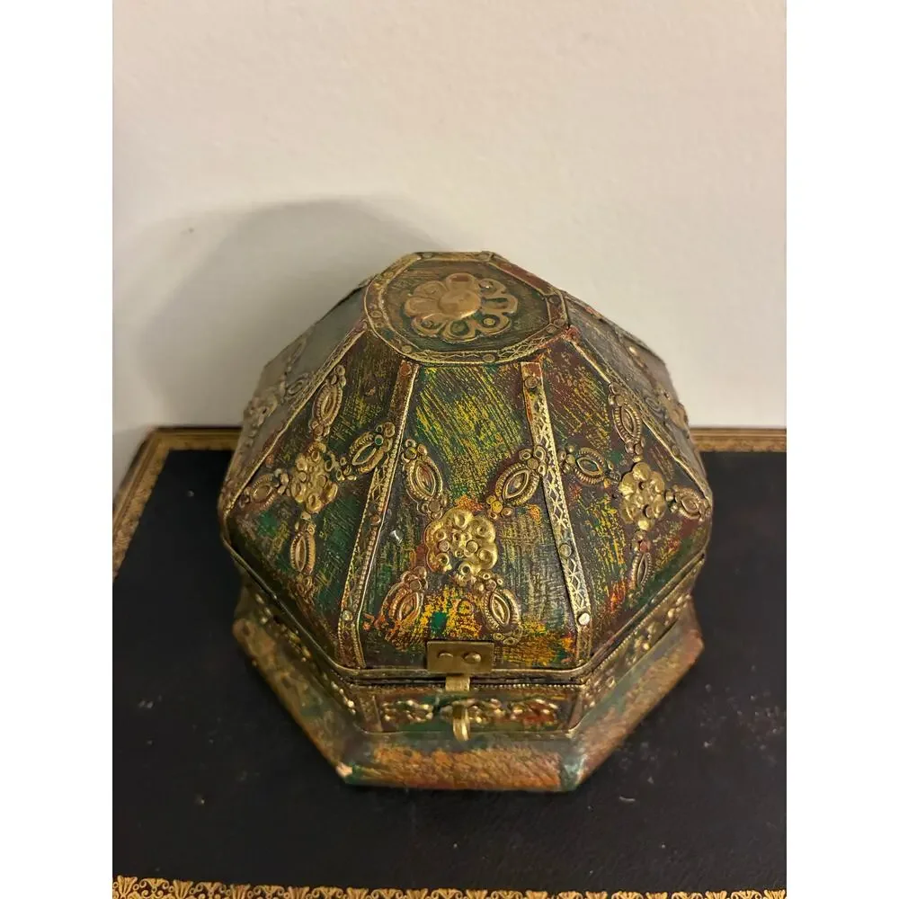 Vintage Hand Painted Octagonal Trinket Box - Embossed Brass Floral Jewelry Box